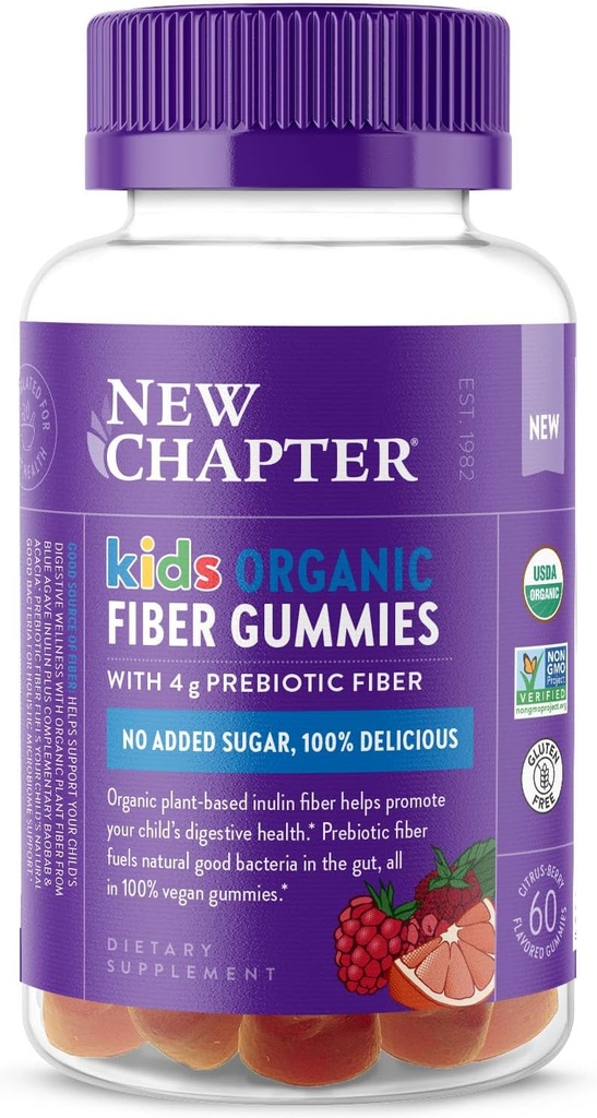 Novo capítulo de gomas de fibra orgânica para crianças, 4g Delicious Fibra Prebiótica Baseada em Plantas para Saúde Digestiva, Vegan, Não-GMO, USDA Organic, Gluten Free, Citrus-Berry Flavored, 60 ct