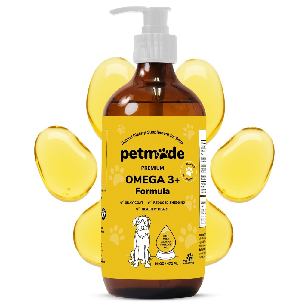Ómega 3 Óleo de peixe para cães Pele e casaco - Óleo de Pollock do Alasca Selvagem para Pele Comichão- Ómega 3 Ácidos Gordos para Cães - Suplementos líquido EPA & DHA - com zinco, vitamina C, B2, B7 & E - 16 Fl Oz