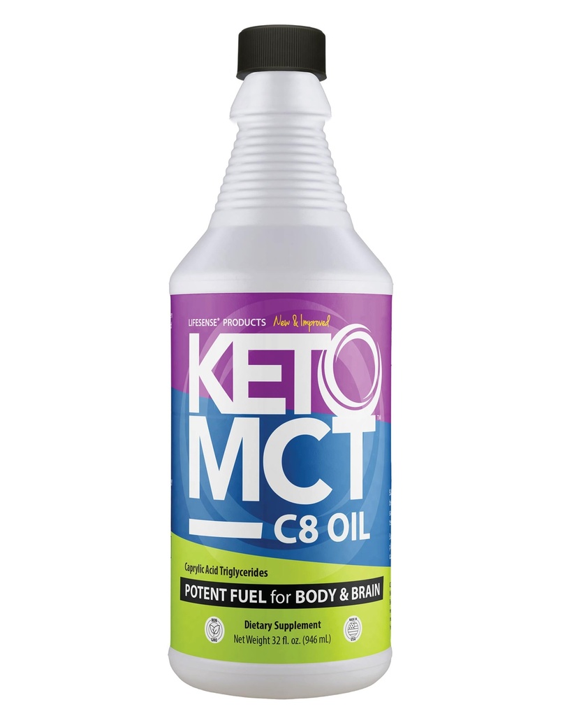 LifeSense C8 MCT Óleo, Keto-Friendly, Fonte de óleo de coco, clinicamente comprovada para aumentar a produção de cetona, combustível ideal para o cérebro e corpo, Made in USA by PhD Nutrition, 32 oz