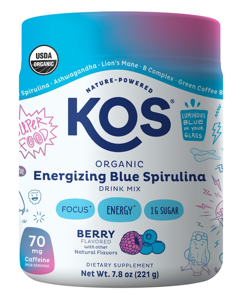 KOS Energizante Blue Spirulina Blend - USDA Certified Organic - B Vitaminas, Ashwagandha, Ginseng, Adaptogens, Biotin - Vegan Pré Treino Pó - Cafeinado, Berry Flavored, 28 Servings