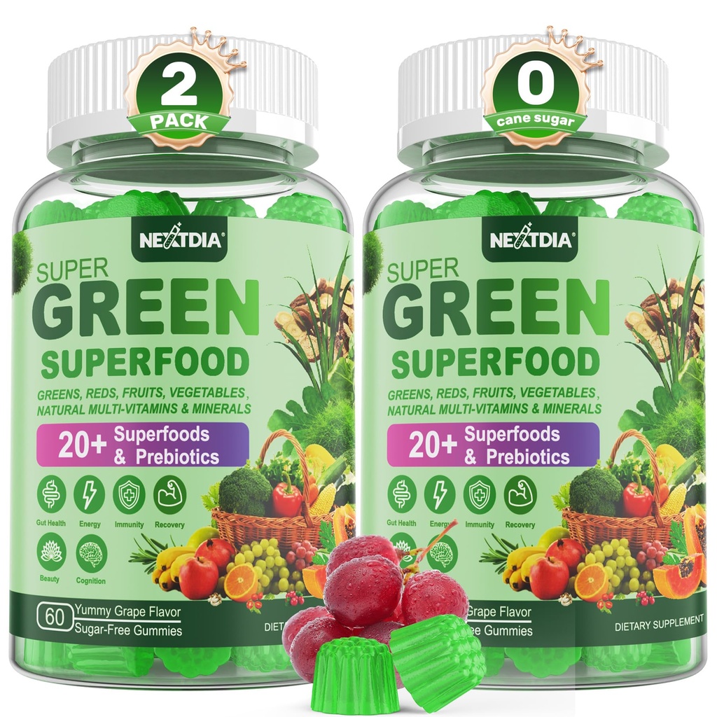 Super Verdes Gummies, Verdes Superalimento pó alternativa w/Spiriulina, chlorela, Fibra prebiótica, Probiótico, Frutas vegetais, Frutas vegetais diários para Digestive & Gut Saúde, Imunidade, Foco, 120 Cts