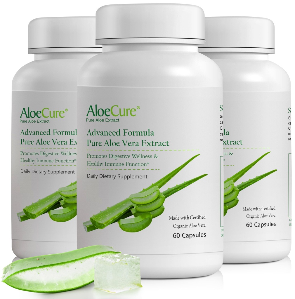 AloeCure Organic Aloe Vera Cápsulas, 160,000mg Inner Aloe Leaf Equivalente por Servindo, Gut de apoio, Digestivo, & Saúde Imune, Ajuda a manter acidez do estômago equilibrado, Aloin Free, 60Caps x 3Btl