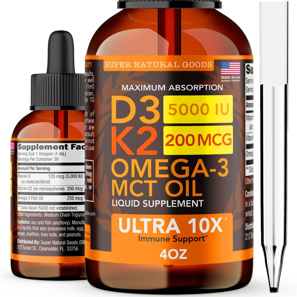 Vitamina D3 K2 gotas líquidas 5000 UI (4 onças) Vitamina D, K, MCT Oil & Omega 3 osso, coração, articulação, músculo suporte suplemento. Fórmula de Absorção Rápida. 4 em 1 Fórmula Complexo Não-GMO