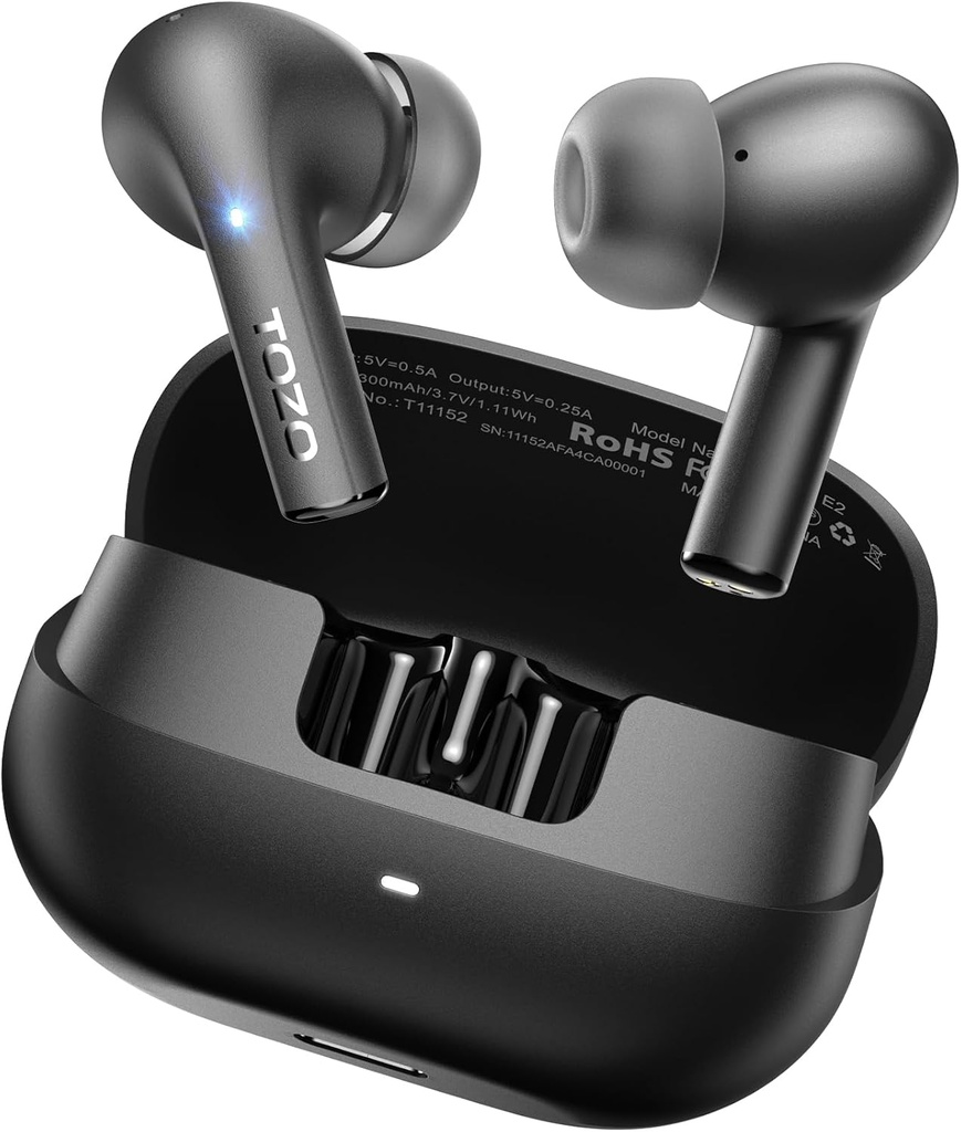 Tozo E2 Wireless Earbuds 10mm Drivers com baixo poderoso, App Personalize 32 EQs, com 2 microfones AI Chamada de cancelamento de ruído, 30H Playtime, Bluetooth 5.3 Ear Buds, Comfort Fit in-Ear Auscultadores