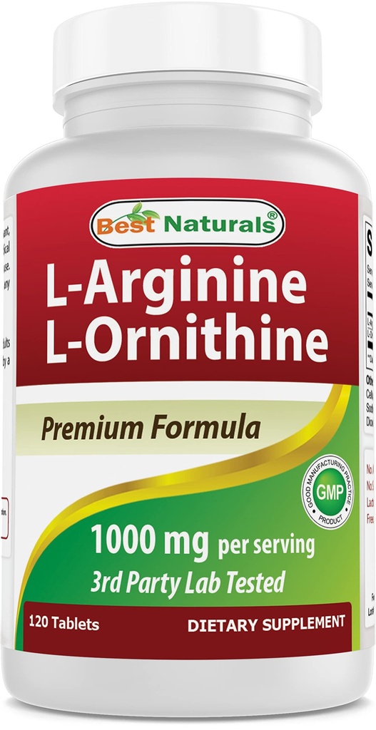Best Naturals L-Arginina L-Ornitina - 1000mg por Serviço - 120 Comprimidos - Não-GMO & Gluten Free (120 Contagem de 1))