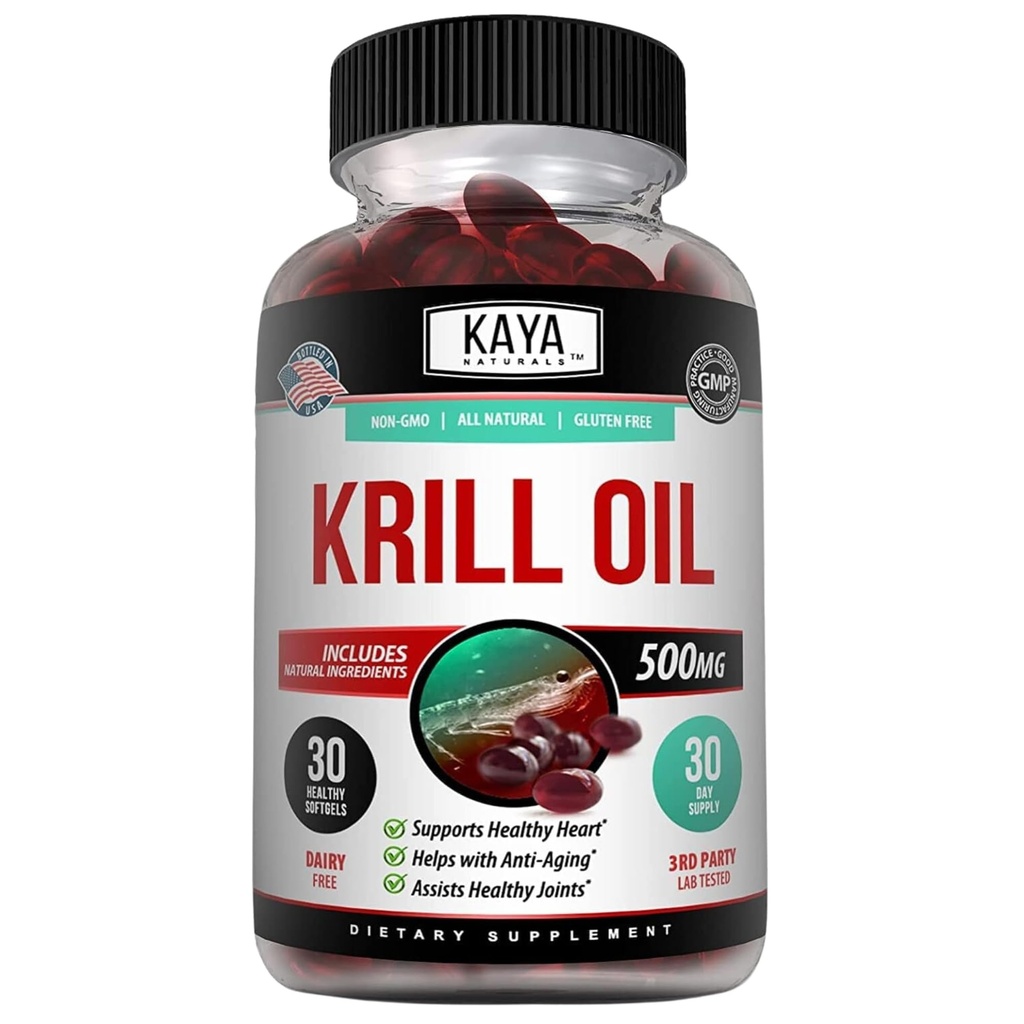 Kaya Naturals - Antárctico Krill Oil 500mg com Omega 3, EPA, DHA, Phospholipids & Astaxantina Suplemento - Cérebro & Saúde Vitamina - Anti envelhecimento Suplemento - 30 Count Softgels