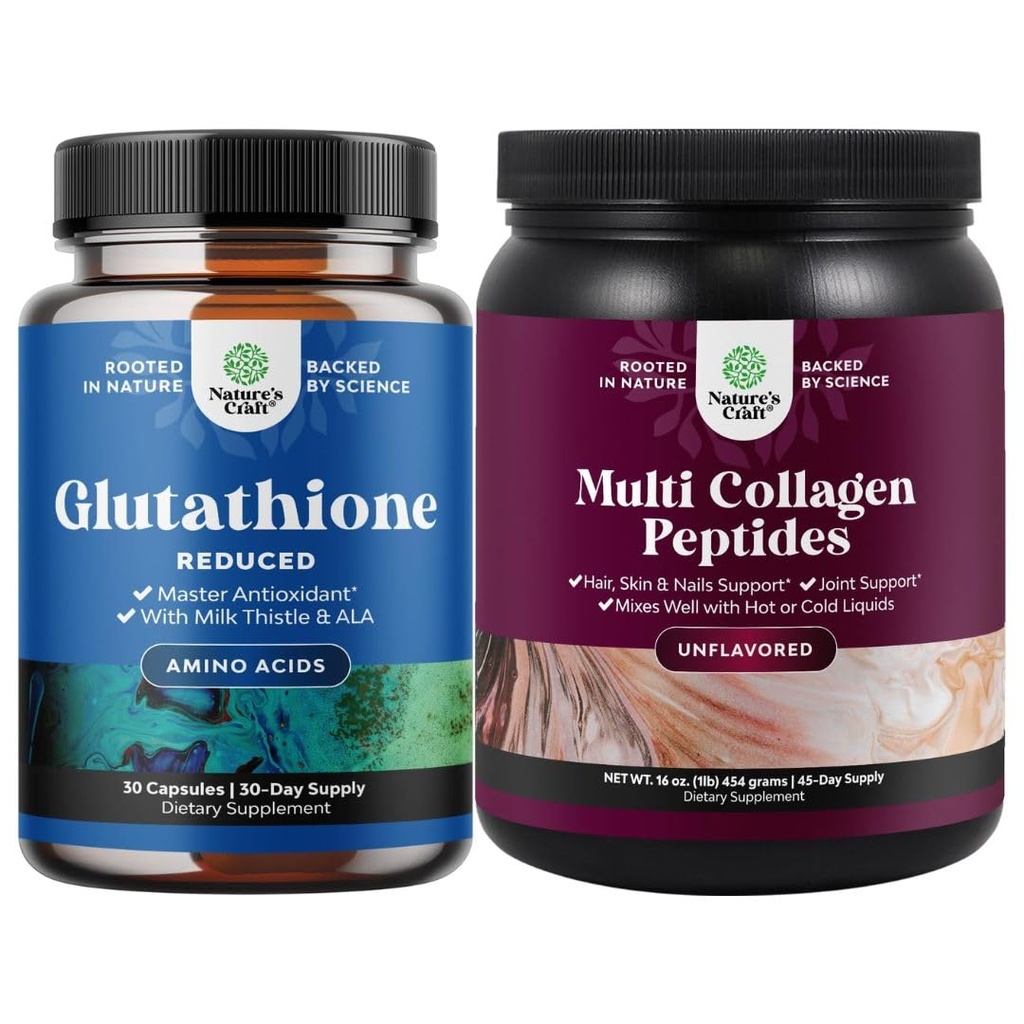 Pacote de Suplemento de Glutationa Reduzida com Cardo de Leite - 500 mg por Servindo Puro L Glutationa e Multi Colágeno Proteína Pó - Keto Hidrolisado Colágeno Peptídeos Pele de cabelo & unhas Vitamis