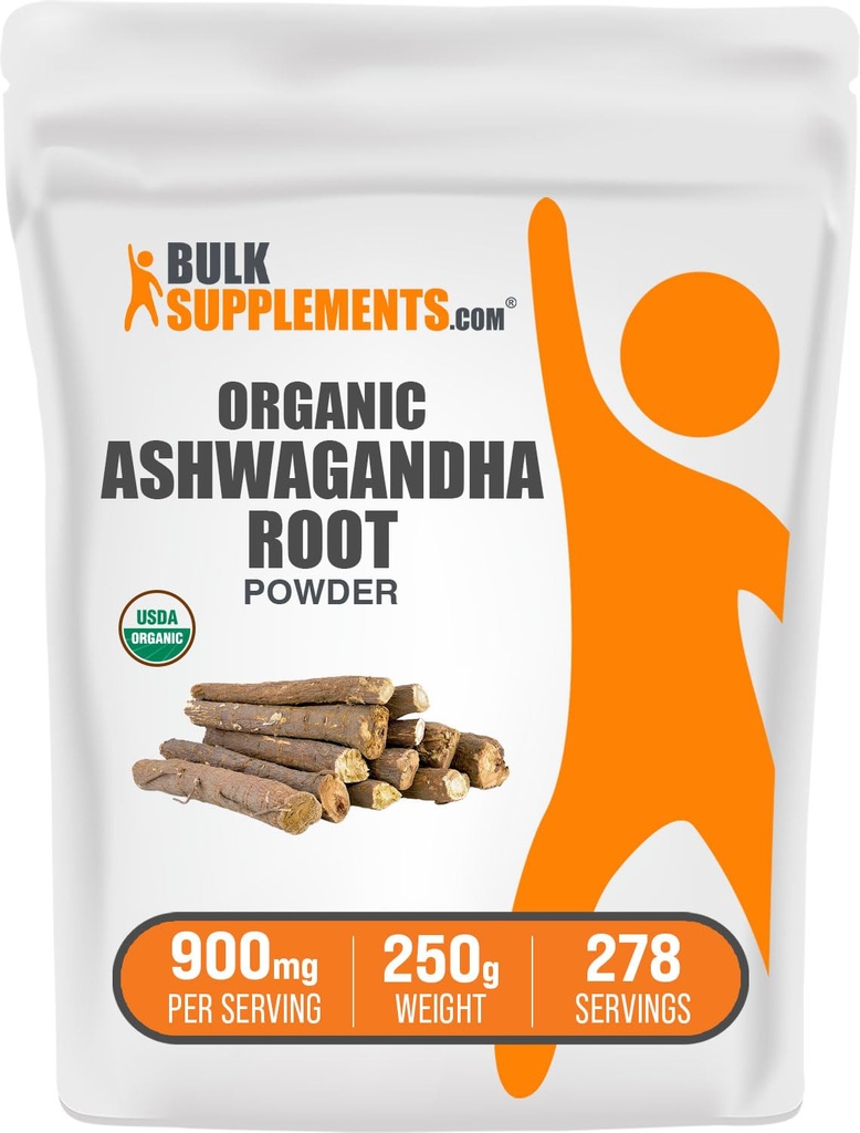 BulkSuplementos.com Pó orgânico de Ashwagandha - Suplementos orgânicos de Ashwagandha, Fonte de Ashwagandha Root - Gluten Free, 2g por serviço, 250g (8,8 onças) (Pacote de 1)