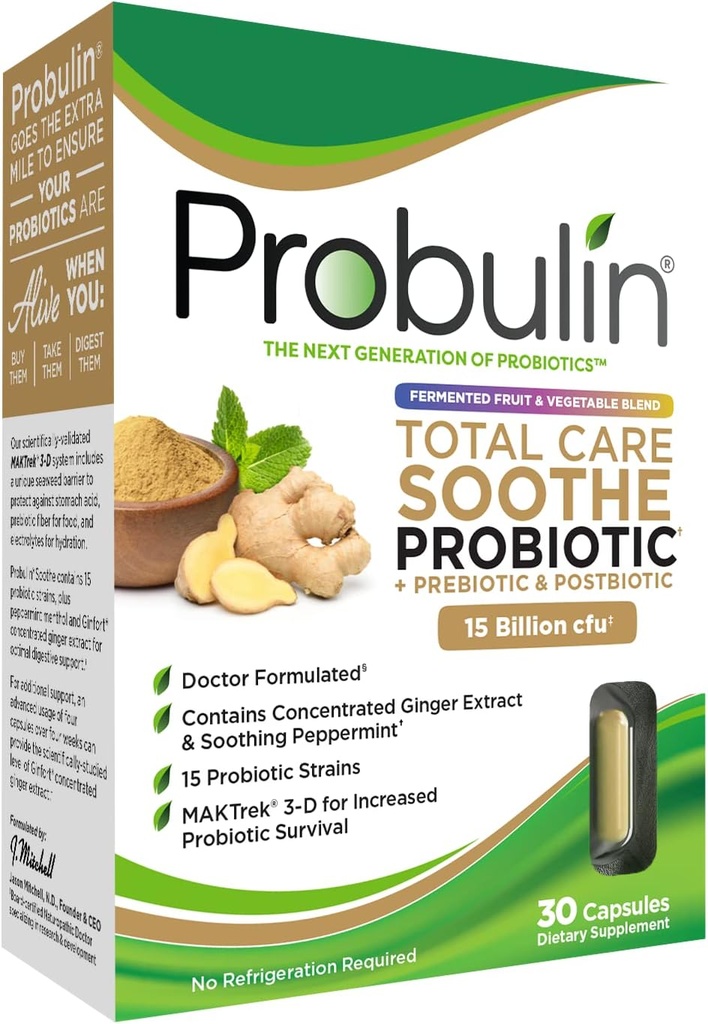 Probulina Total Care Soothe Prebiótico, Probiótico e Postbiótico + Ginger & Mint para calmante digestivo - 15 Bilhões UFC - 15 Strains - 30 Cápsulas Vegan