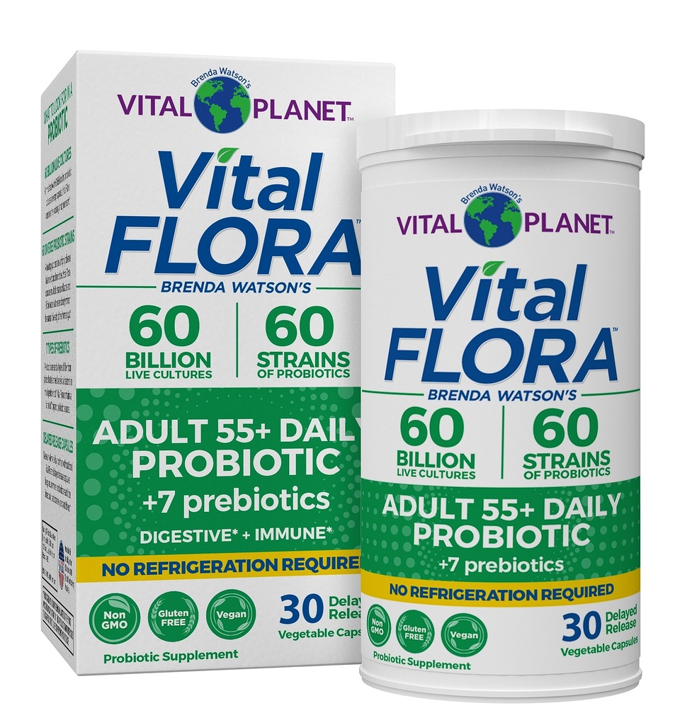 Planeta Vital - Flora Vital Adultos Mais de 55 Probióticos diários 60 bilhões UFC, Deformações Diversas, Prebióticos Orgânicos, Imunes e Prateleira de Saúde Digestiva Probióticos Estáveis para Mulheres e Homens, 30 Cápsulas