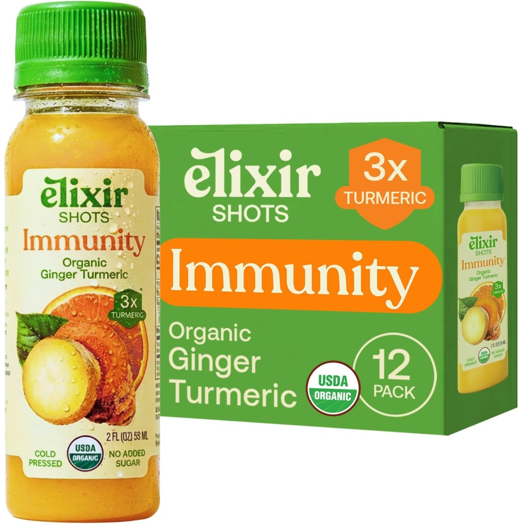 Elixir Shots, Imunidade Boost Wellness Shot with Cold-Pressed Turmeric, Ginger, Laranja e Pimenta Negra, Sem Açúcares Adicionados ou Ingredientes Artificiais,12-pack