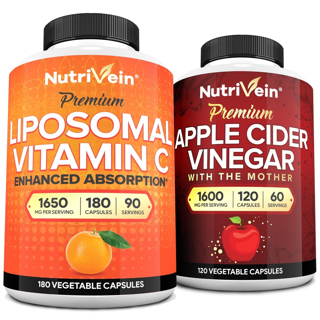 Nutrivein Premium Apple Cider Vinagre Cápsulas & Suplemento de vitamina C lipossomal Pacote: Cápsulas de vitamina C de alta absorção e Suplementos de vinagre de maçã Cider para defesas imunológicas e saúde do intestino