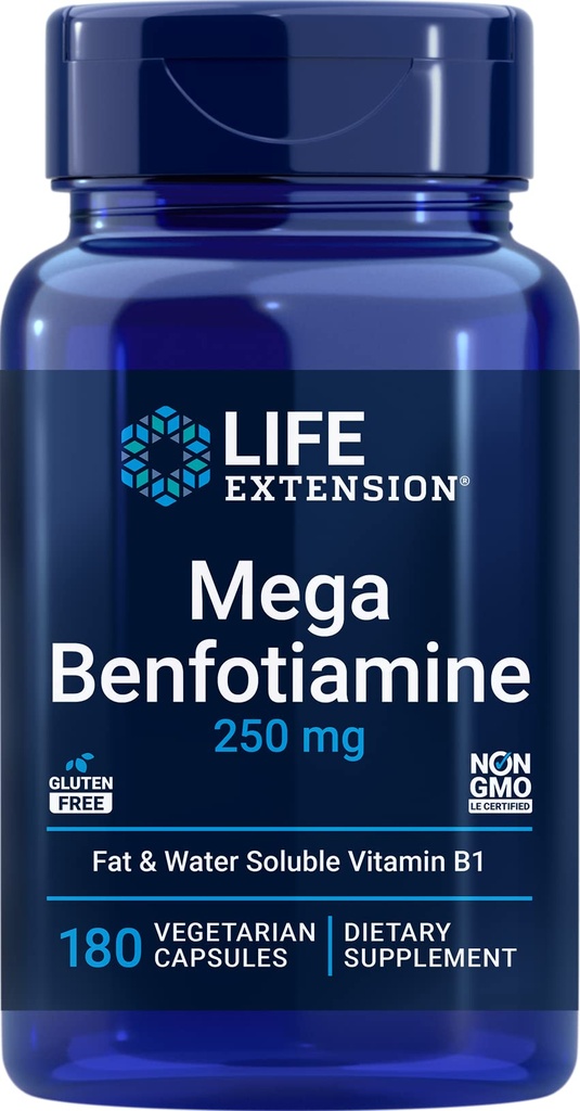 Extensão de vida Mega Benfotiamina, 250 mg, 180 tampas de Veg com Thiamina - Suplemento de vitamina B1