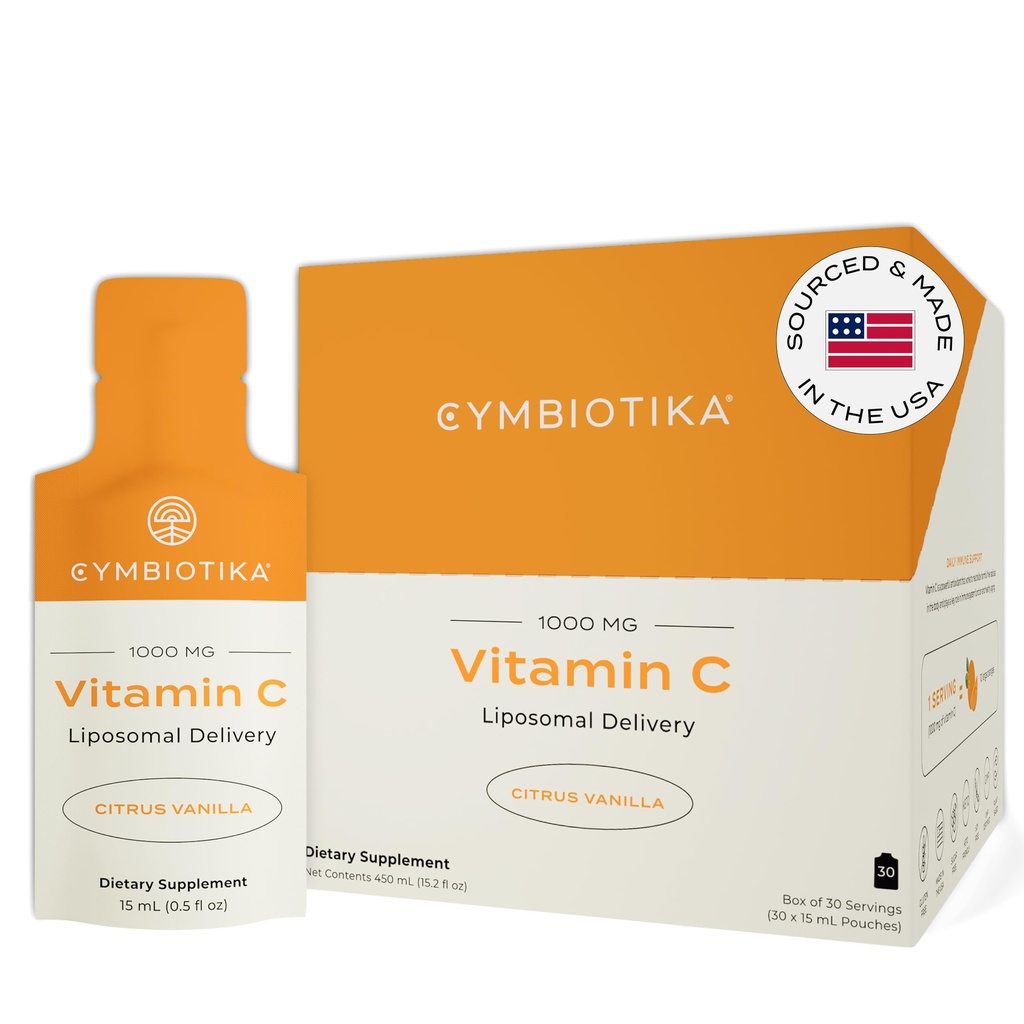 CYMBIOTIKA Pacotes individuais de vitamina C, Entrega lipossômica, Suplemento para suporte imunológico, Imune Boost de colágeno, e envelhecimento saudável, Skin Hydration Packets, Citrus Vanilla Flavor, 30 Conde