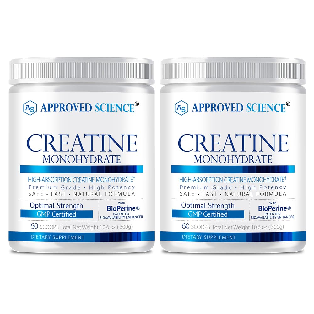 Aprovado Ciência Creatina Monohidrato em pó com BioPerine - Suporte de treino - 120 Servings - 5g por serviço - sem sabor - Pacote de 2 - Não-GMO, Vegan