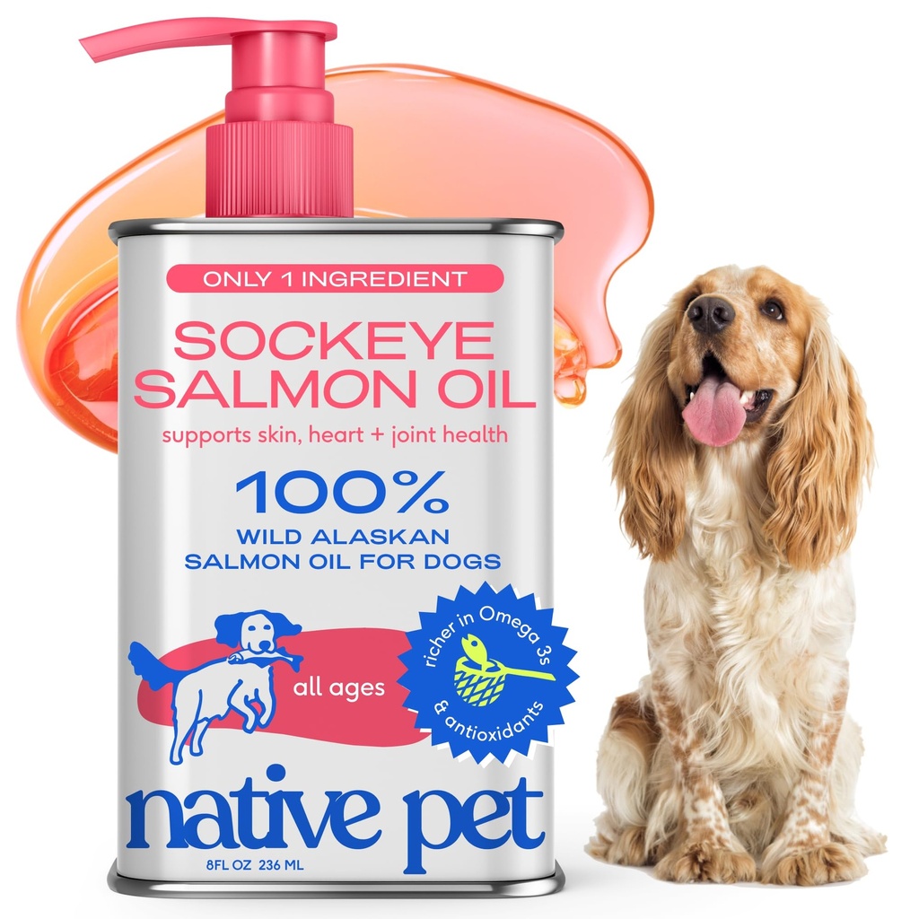 Óleo de salmão de estimação nativo para cães e gatos – Puro óleo de peixe Omega-3 para cães Suplemento para pele e casaco, articulação e saúde do coração - cão anti-inflamatório – 100% Wild-Caught Alaskan Sockeye Salmão – 8 onças