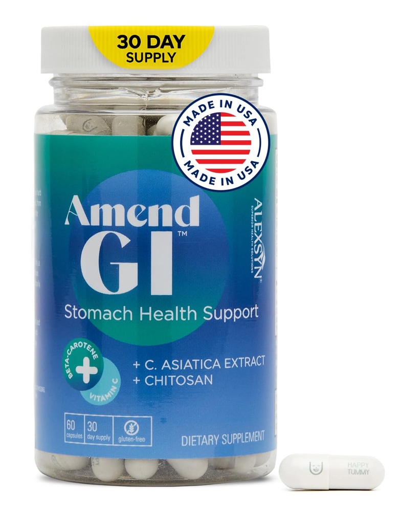 Amend GI All-Natural Stomach Health Support 60 Cápsulas - Nutracêutico para Sintomas de Úlcera Induzida por Estresse - Suporta Saúde Healing e Digestiva com Asiatica Extract & CM Chitosan