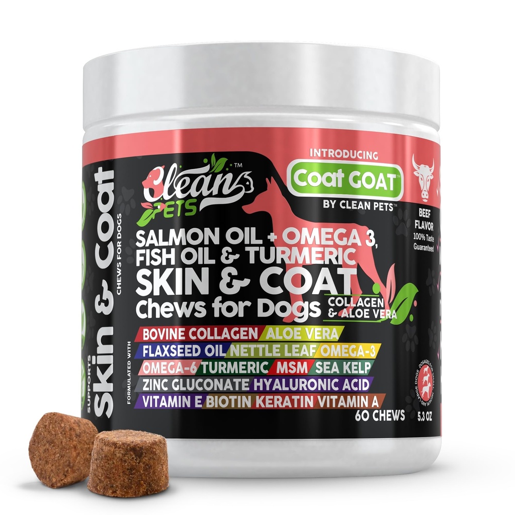 Óleo de salmão Ómega 3 Óleo de peixe para cães Pele e casaco Suplemento □ Colágeno de cão Aloe Vera Biotina Queratina Nettle Leaf Leaf Sea Kelp Brewers ácido hialurônico Fermento Vitamina A - Cabra de casaco