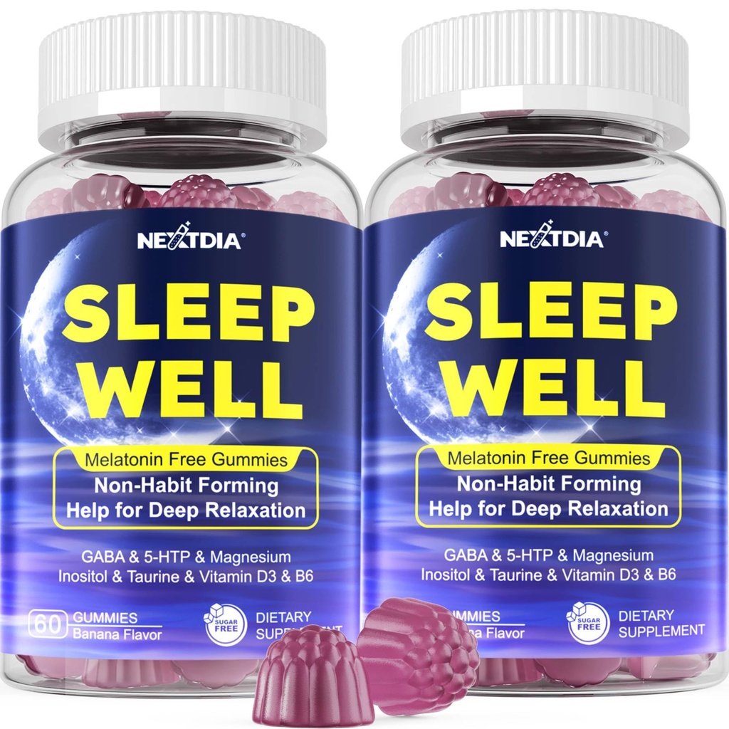 Gummies de sono livre de melatonina com glicinato de magnésio, GABA, 5-HTP, L-Theanina, Valerian, Camomila, Limão Balm, Vitamina D3 & B6 - Hormônio e Droga- Livre, Formando Não Habit, 2 Pack
