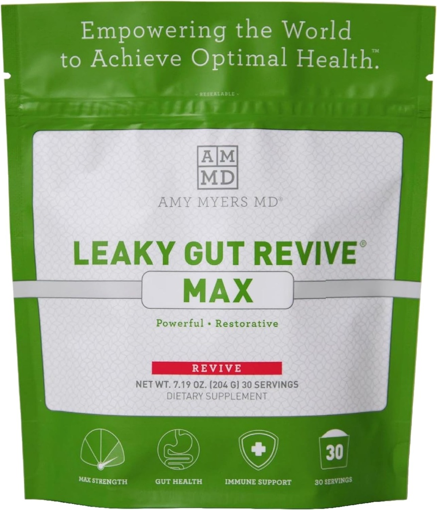 Amy Myers MD Leaky Gut Revive Max Powder for Leaky Gut Repair “ Potent L-Glutamina Powder to Support Obstipation, IBS, Diarréia, Bloating, Gás, SIBO “ Suplemento baseado em plantas para a saúde Gut, 1 mês