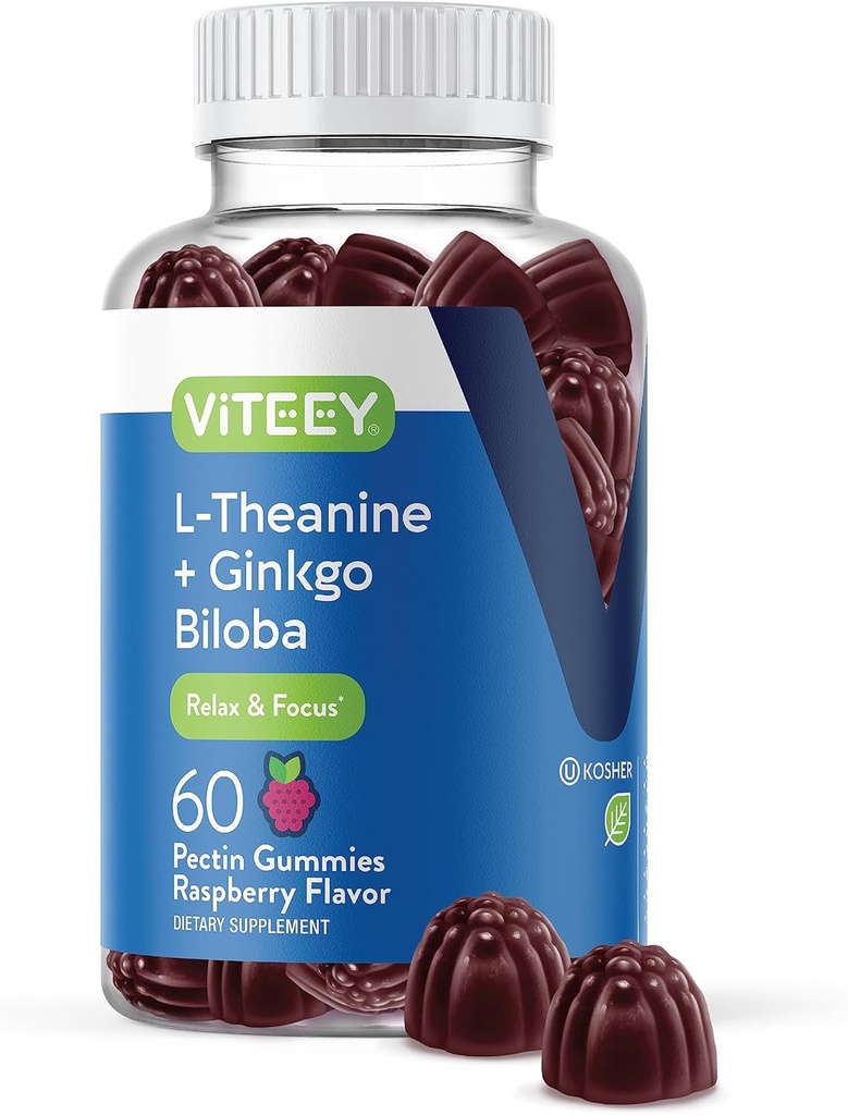Viteey L-Theanina Gummies com Ginkgo Biloba para Adultos - Ajudas em Foco e Relaxar, melhorar o humor - Não OGM, Gelatina livre, Vegan, Glúten livre, Naturalmente fonte mastigável sabor framboesa saborosa Gummy saborosa