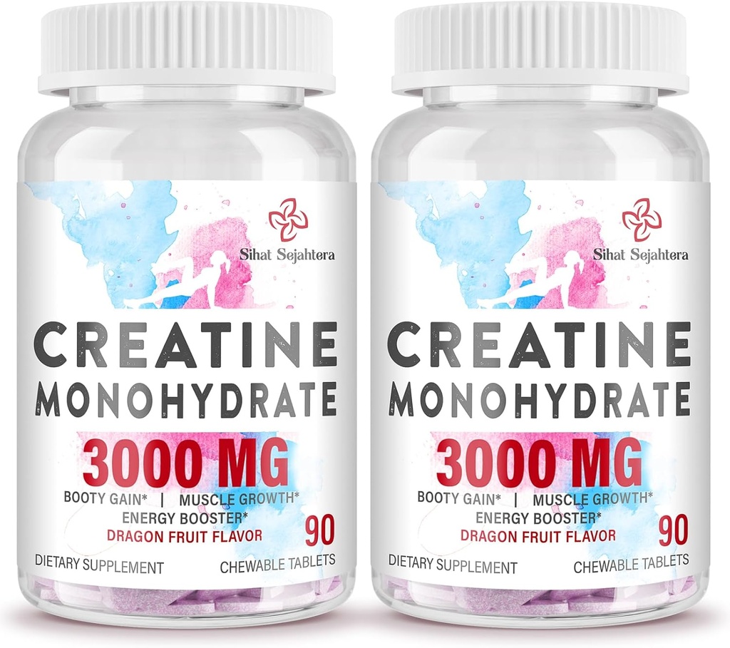 3000 MG Creatina Monohidrato para Mulheres e Homens, Pílulas Creatina com BCAA e mastigadores de Creatina de colágeno hidrolisado Comprimidos para Desempenho e Recuperação, Força, Sabor de Fruta Dragão, 180 Comprimidos