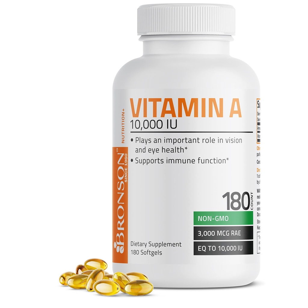 Bronson Vitamina A 10.000 UI Fórmula Premium Não-GMO suporta Visão saudável e sistema imunológico e crescimento saudável e reprodução, 180 Softgels