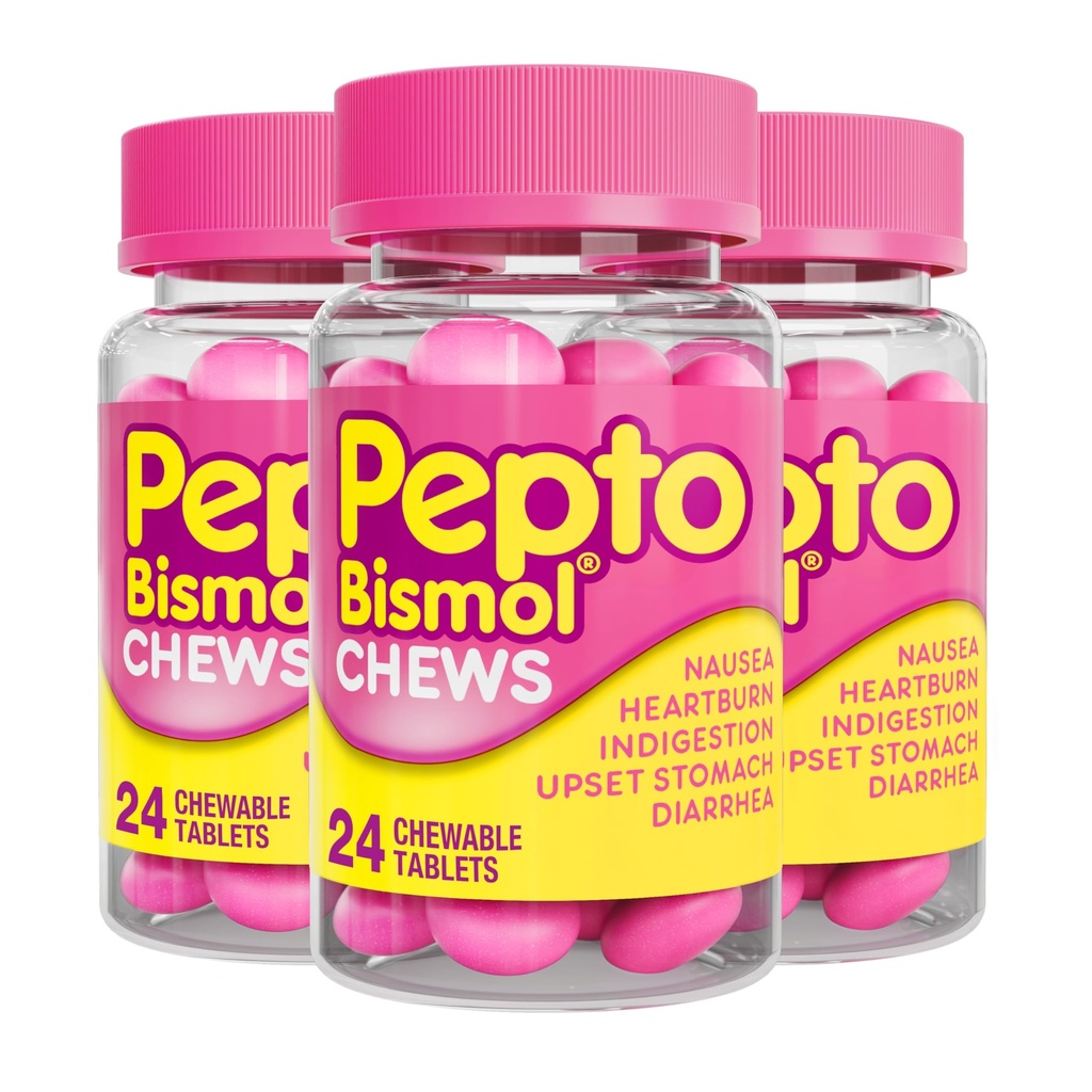 Pepto Bismol mastiga, alívio digestivo rápido e eficaz de náuseas, azia, indigestão, estômago irritado, diarreia, 72 Total (3 embalagens de 24)