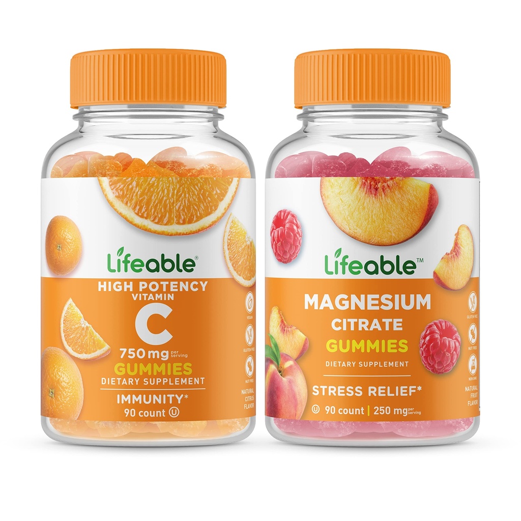 Vitamina C vitalável 750mg + Magnésio 85mg, Gummies Bundle - Grande degustação, Suplemento Vitamina, Gluten Free, GMO Free, Gummy mastigável