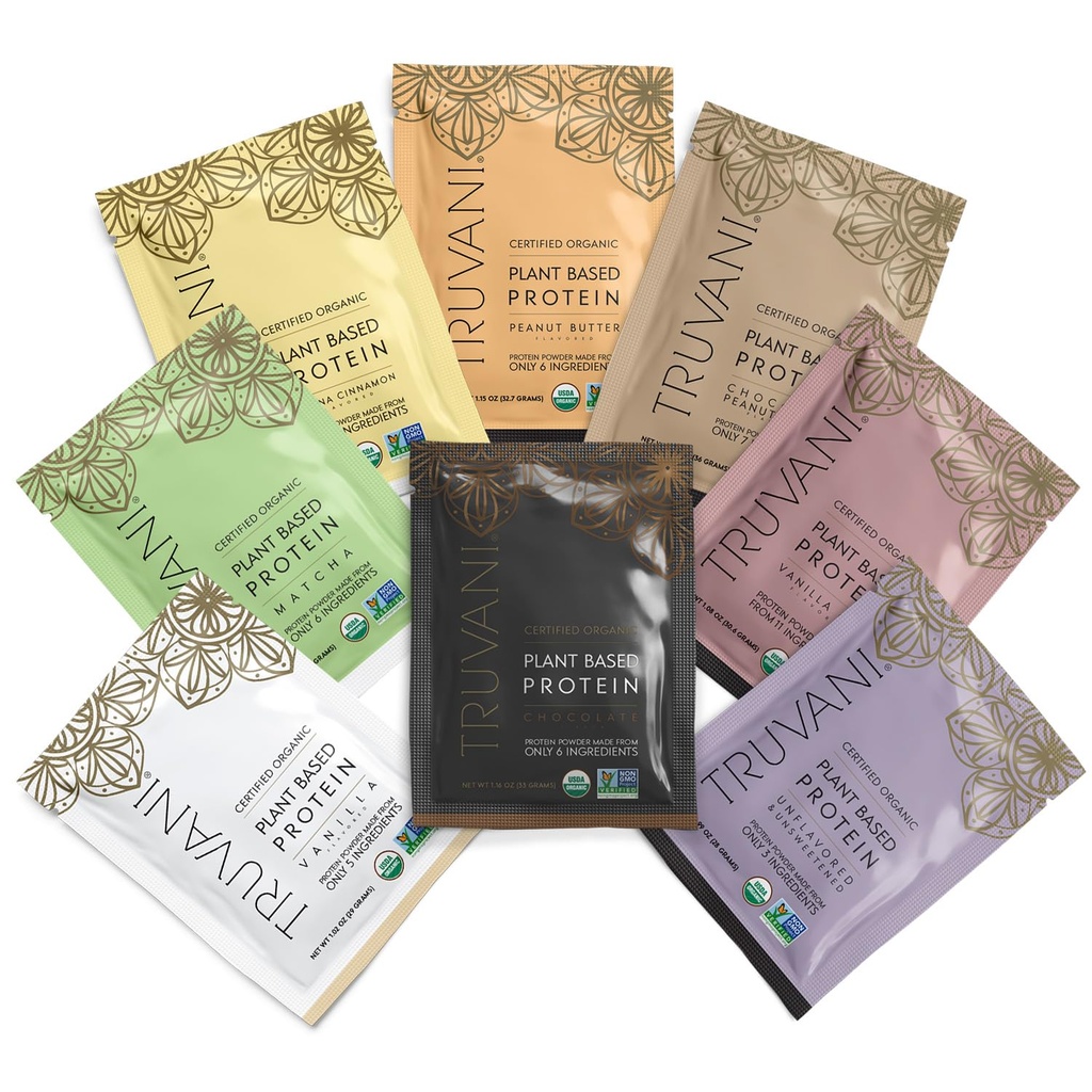 Truvani Vegan proteína de ervilha em pó , pacote de amostra , 20g proteína baseada em plantas orgânicas , 8 pacotes de serviço único , Keto , Gluten & Dairy livre , baixo carboidrato , , Não adicionado açúcar