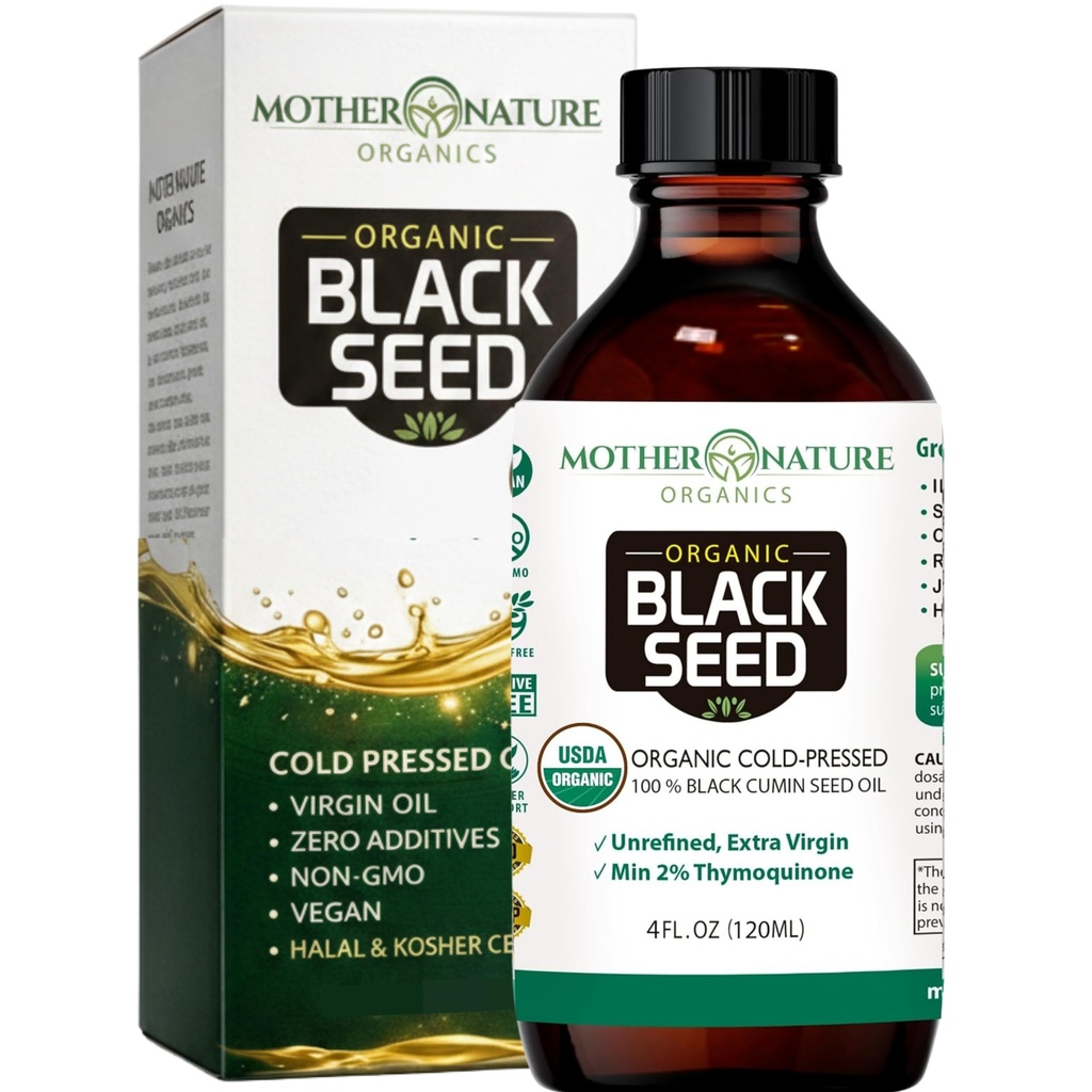 Mãe Natureza USDA Orgânico Black Seed Oil – Cold Pressed, Unrefined & Vegan Nigella Sativa, High Thymoquinone (2%+), Omega 3 6 9 para Imune, Joint & Heart Support, Hair & Skin, Non-GMO, 4oz