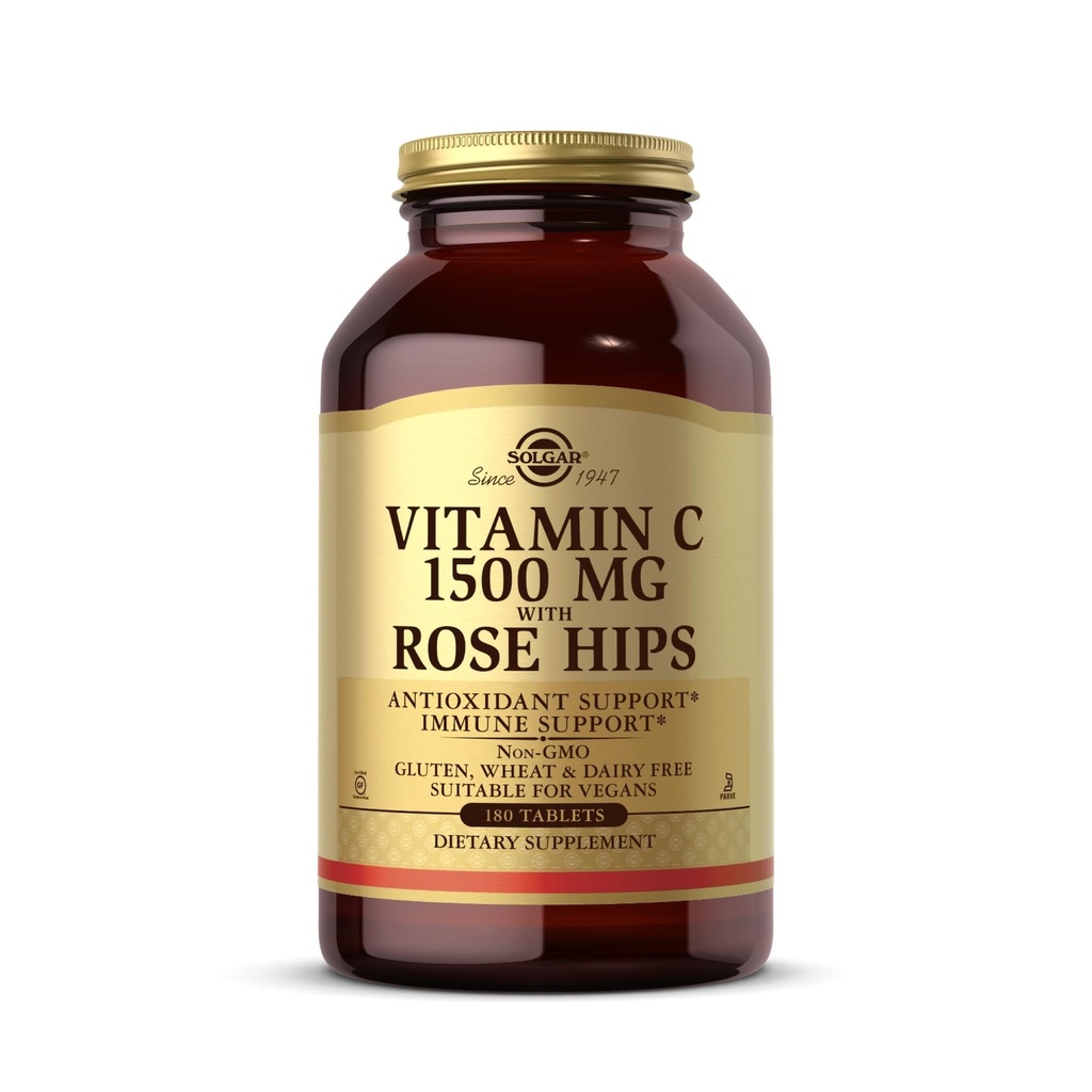 Solgar Vitamina C 1500 mg com Rose Hips, 180 Comprimidos - Antioxidante e Imune Suporte - Saúde geral - Suporta pele saudável & articulações - Não GMO, Vegan, Sem glúten, Leite Livre, Kosher - 180 Servings