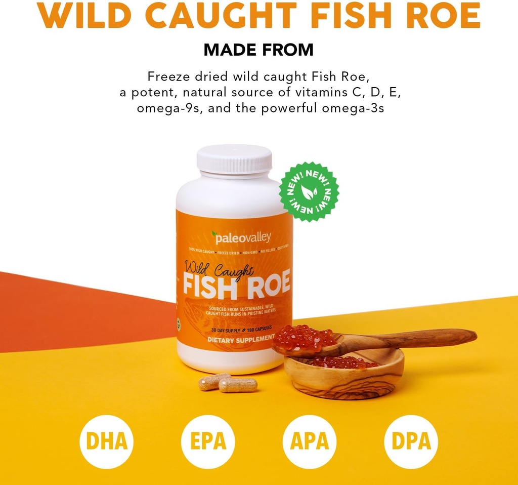 Paleovalley Wild Caught Fish Roe - DHA/EPA, Full Spectrum Omega -3 ácidos gordos - inflamação, visão, humor, impulso de imunidade - 28 serviços
