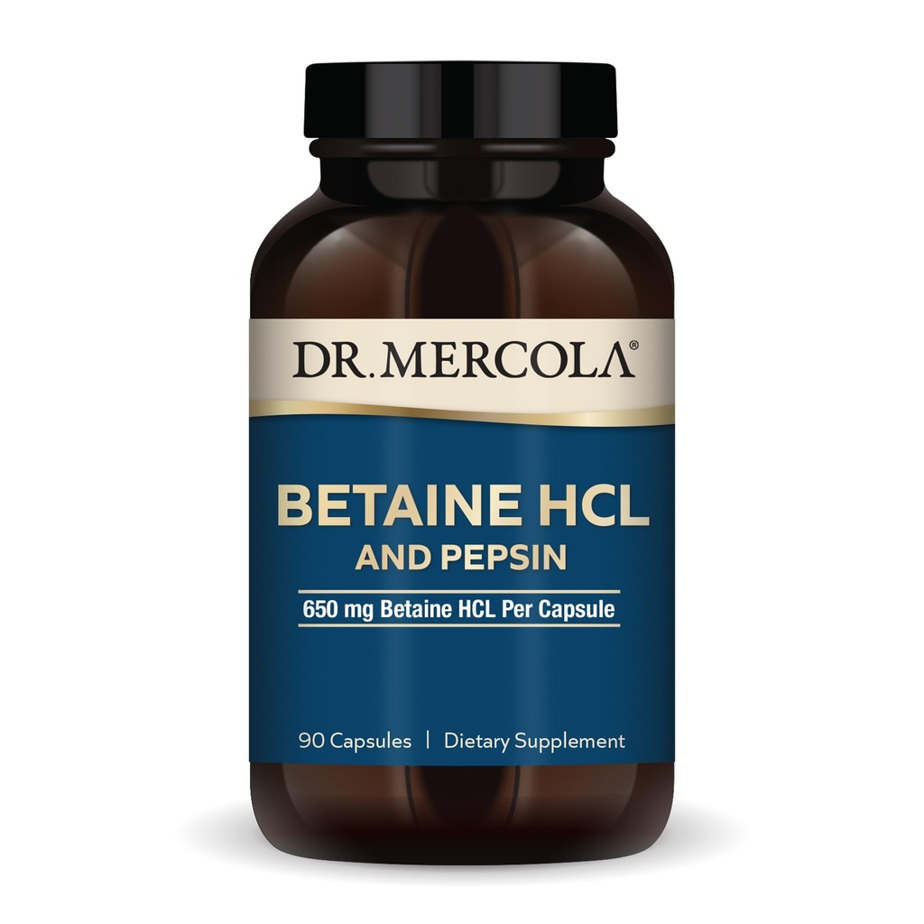 Dr. Mercola Betaine HCL & Pepsin - Suplemento de suporte digestivo para equilíbrio de pH - Ajudas Absorção Mineral & Nutriente - Ajuda Digestiva - Não-GMO, Gluten-Free & Soy-Free - 90 Cápsulas (30 Servings)