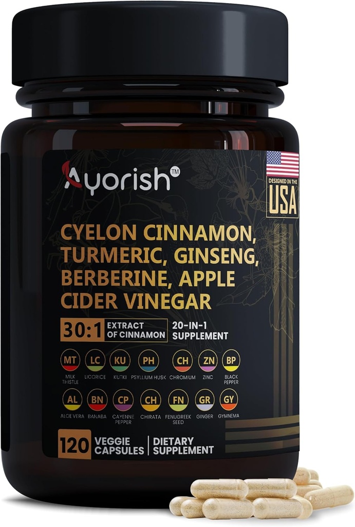 Ceilão Canela Cápsula 30:1 Extrair Equivalente a 9000mg □ Turmeric, Ginseng, Apple Cider Vinagre Berberine Plus Bitter Melon Gymnema, Kutki, Chirata 120 Veg Cápsulas – 60 dias de Fornecimento