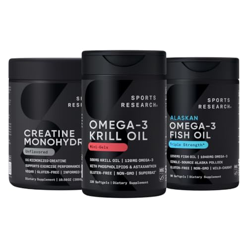 Pesquisa esportiva Creatina Mono-hidratada Melhorada pela Omega Power House Antártica Krill & Fish Oil com Tripla Força EPA DHA e Fosfolipídios, Colina e Astaxantina - Apto para Campeões
