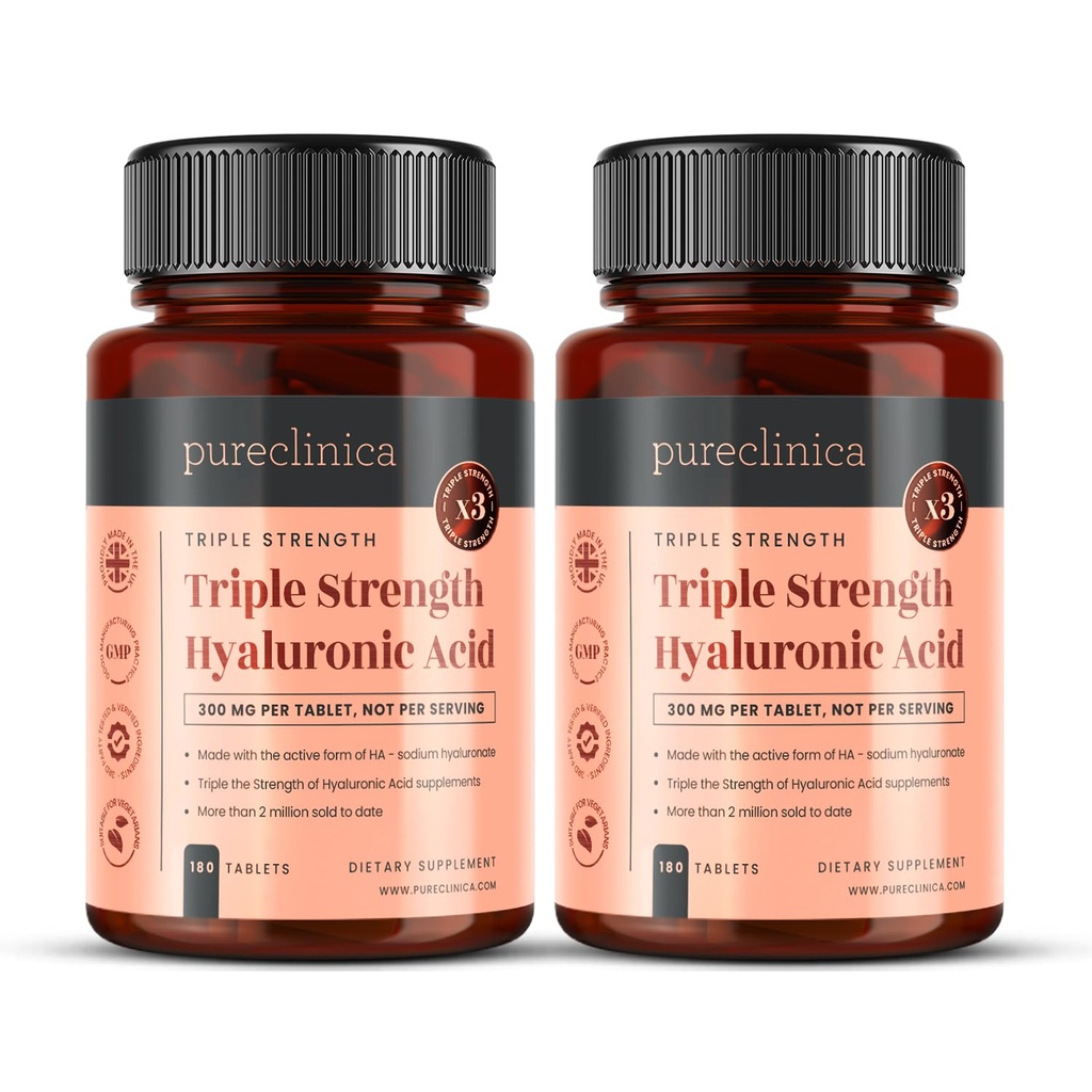 Pureclinica Ácido Hialurónico 300mg x 360 Comprimidos (2 frascos de 180-12 meses de fornecimento). Ácido Hialurónico Triplo Força. 300% mais forte do que qualquer outro comprimido HLA.
