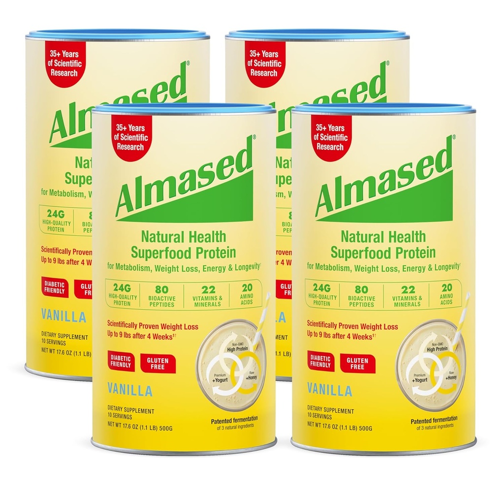 Almased Baunilha Replacement Shake - Baixo-Glicêmico Alta Base de Plantas Proteína Pó- Peso Nutricional Suplemento de Apoio à Saúde - Vanilla Flavor - 17.6 onças (1.1 Libras (4 Pack))