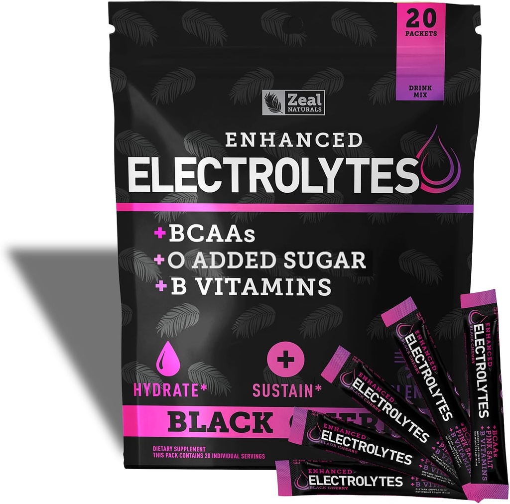 Pacotes de varetas de pó eletrolítico melhorados (cereja preta 20 pacotes) w/ 0 Açúcar +BCAAs +B-Vitaminas Suplemento de electrólito w Zinco de potássio e magnésio para hidratação - Eletrólitos de Keto