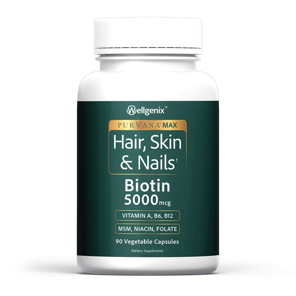Wellgenix Purvana Max Cabelo, Pele & unhas Vitamina: Biotin 5000mcg para aumento do crescimento do cabelo, Prevenção da perda de cabelo para mulheres e homens, Vegan, Ideal para Post Partum & PCOS, 90 Count, Pack of 1