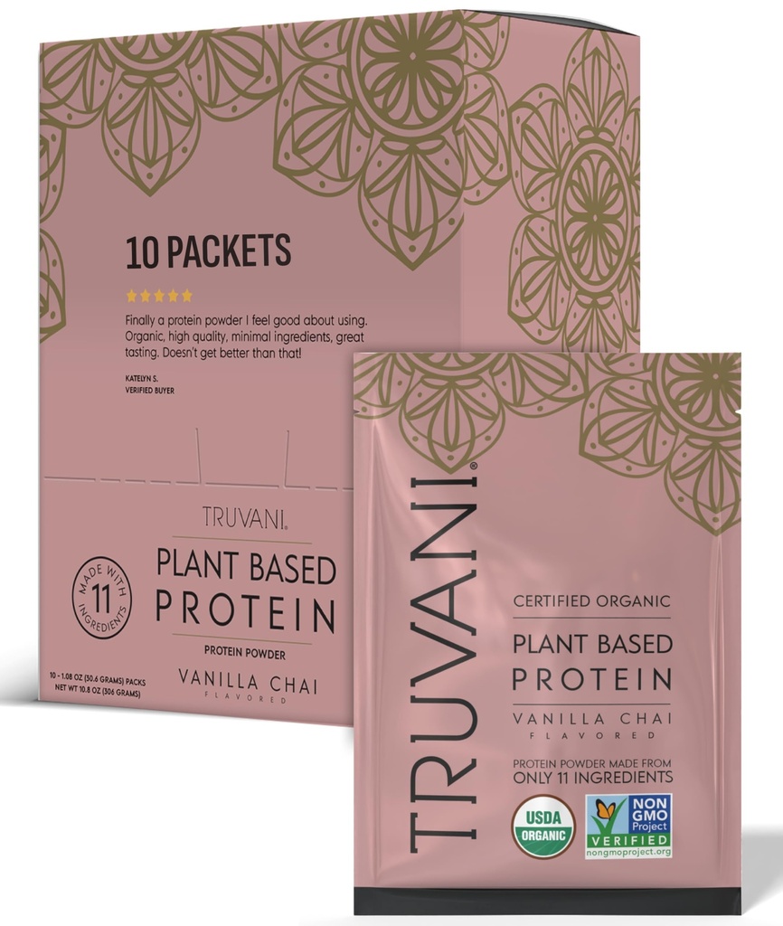 Truvani Vegan proteína de ervilha em pó ; Vanilla Chai ; 20g proteína baseada vegetal orgânica ; única entrega Pacotes de viagem ; 10 Servings ; Keto ; Gluten & Dairy Grátis ; Baixo Carbo ; Não adicionado de açúcar