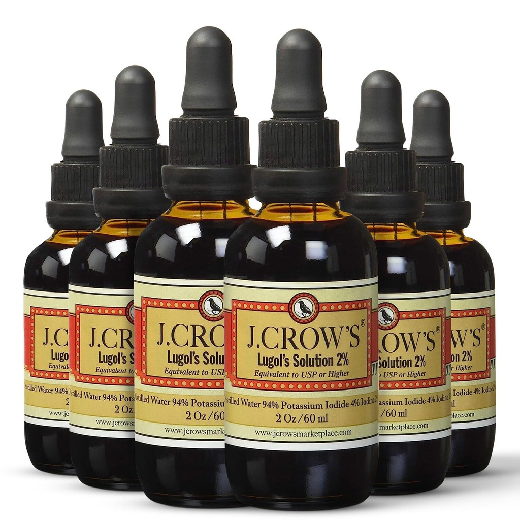 Solução de Iodo de J.CROW® Lugol 2% 2 onças (6 garrafas) – Iodo Premium & Iodeto de Potássio Líquido, Glúten &, Extrato de Brino Natural Sem Álcool, Sem Expiração