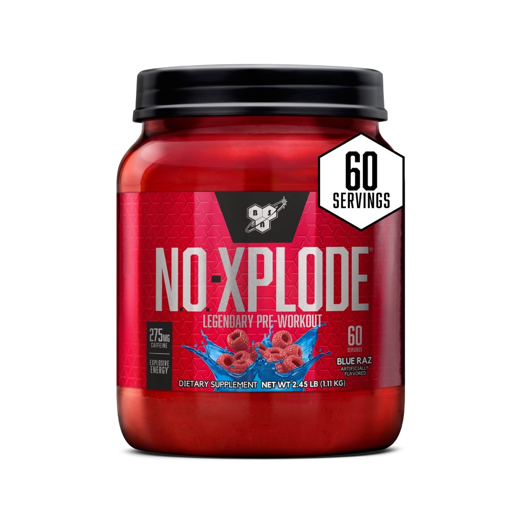 BSN N.O.-XPLODE pré-treino em pó, suplemento de energia para homens e mulheres com creatina e beta-alanina, sabor: Raz azul, 60 Servings