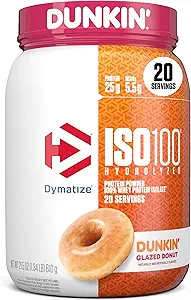 Dymatize x Dunkin' Glazed Donut ISO100 Whey Protein Powder, 25g de proteína, 5,5g BCAAs, 120 Cal., Gluten Free, 1g Fat, 1g Sugar, 2g Carb (20 Servings)