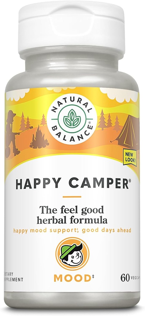 Equilíbrio natural Camper feliz - Feel-Good Mood Support Supplement - Gotu Kola, Passion Flower, e Kava Kava Cápsulas - 60 dias de garantia (30 Servings, 60 VegCaps)