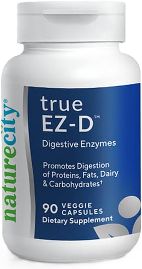 NaturezaCity True-EZ-D Não-GMO Digestive Enzyme Complex Supplement for Digestive Health and Bloating Relief for Men and Women (90 Veggie Capsules) Super Enzimas