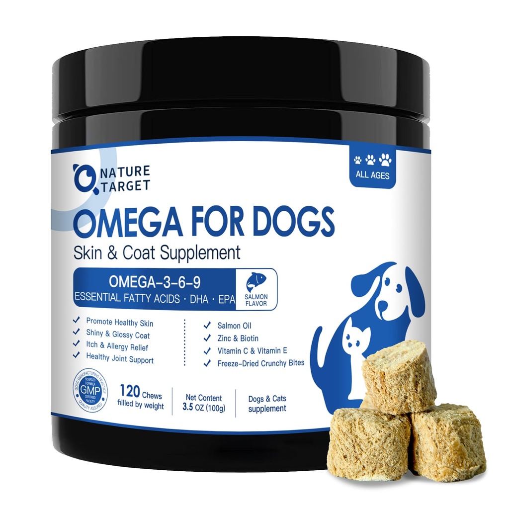 NATURE TARGET Omega 3 Óleo de peixe para cães, óleo de salmão para pele e casaco Suplemento com ácido gordo EPA & DHA - Cão Coceira & Alergia Alívio, Anti derramamento, Hot Spots Tratamento - Hip & Apoio Conjunto - 120ct