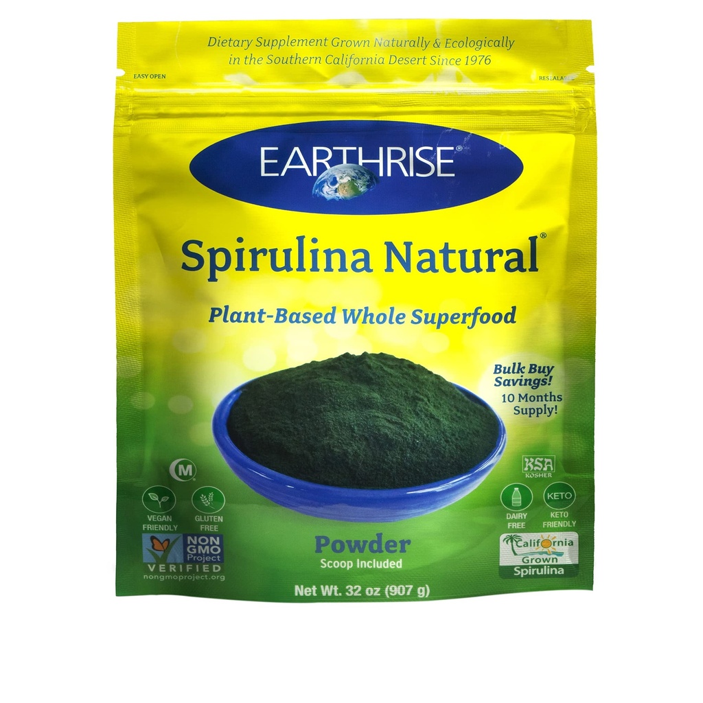 Terrarise Spirulina Natural Powder 32oz, Natural Premium Spirulina da Califórnia- Vegan, Sem glúten, Keto Friendly, Não -GMO Super Food alta em vitaminas e minerais. (2 LB)