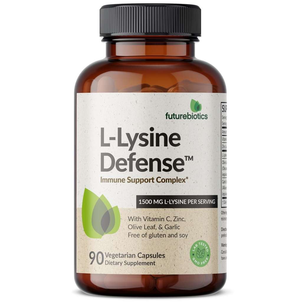 Futurebiotics L-Lysine Defense Imune Support Complex 1500 MG Por Serviço com Vitamina C, Zinco, Folha de Oliva & Alho - Não-GMO, 90 Cápsulas Vegetarianas