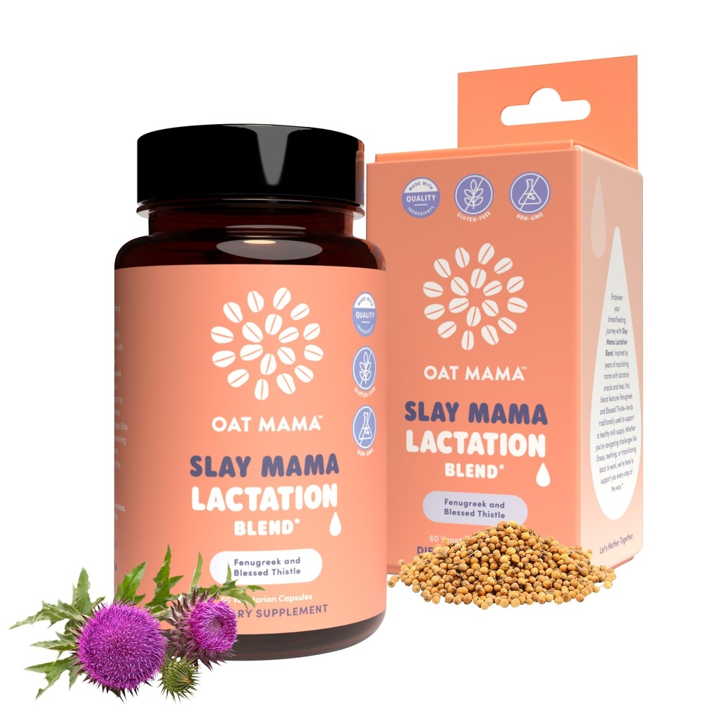 OAT MAMA Suplemento de Lactação Orgânica - 'Slay Mama' Bem-aventurado Thistle & Fenugreek Cápsulas - Mistura de Lactação de Ervas, Suporte Pós-parto para Aleitamento Mães